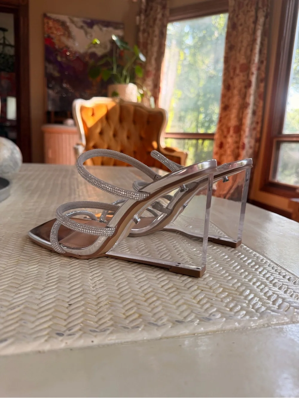 Steve Madden Silver Crystal-Strap Clear Wedge Sandals